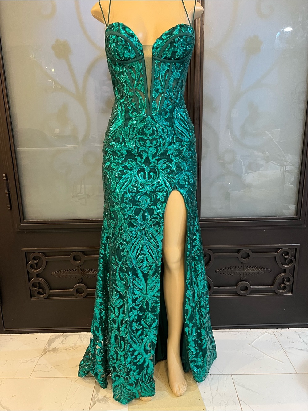 Emerald Sequin Mermaid Prom Dress with Corset Bodice